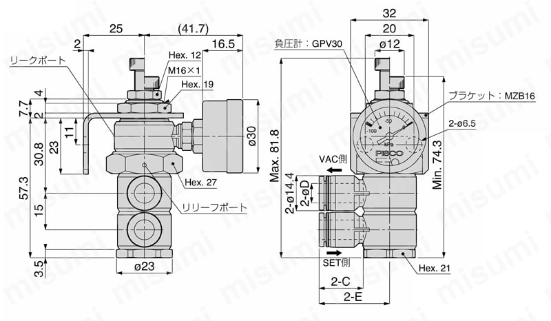 真空レギュレータ φ30負圧計付 ユニオンタイプ | 日本ピスコ | MISUMI