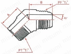 PT接続PF30°FCS オス45°エルボ 外形図