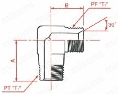 PT接続PF30°MIS オス90°エルボ 外形図