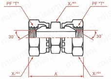 両端PF30°MIS メス・メスユニオン 外形図