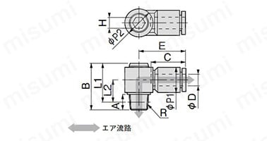 SLHシリーズ六角穴付スイングエルボの寸法図