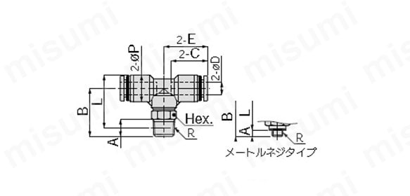 ティー : ミリサイズの寸法図（新形状）メートルねじタイプ