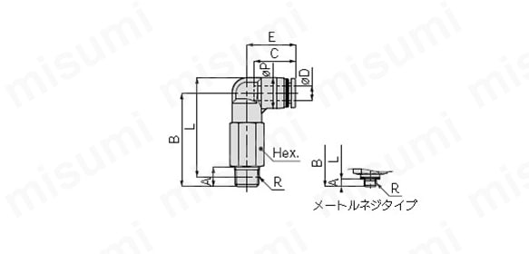 ロングエルボ : ミリサイズの寸法図（現行品）メートルねじタイプ