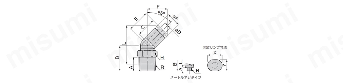 チューブフィッティングミニタイプ 45°エルボの外形図