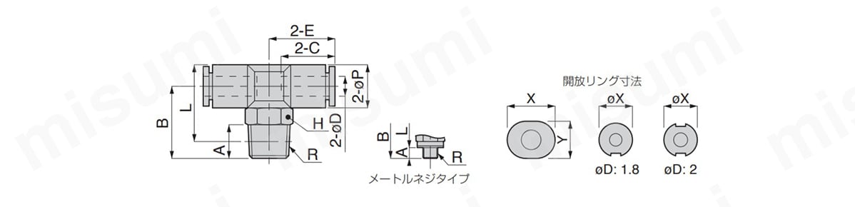 チューブフィッティングミニタイプ ティーの外形図