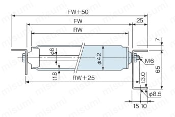 アルミ製ローラ単体（コンベヤ用ローラ）樹脂ベアリングタイプ 径Φ42×幅240-490（ZAR型） 外形図