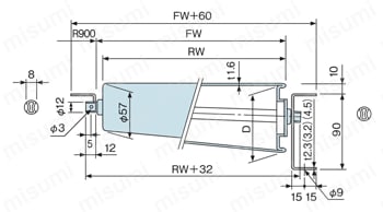 スチール製テーパローラ単体（コンベヤ用ローラ） 径φ57（R900）×幅305-790（TTR型） 外形図
