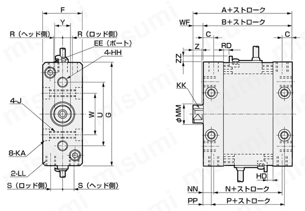 省スペース形偏平シリンダコンパクト・デミFCSシリーズ FCS-L(単動押出形スイッチ付)外形図