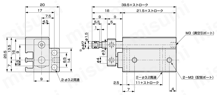 省スペース形小形真空吸着付シリンダMVCシリーズ MVC-6外形図