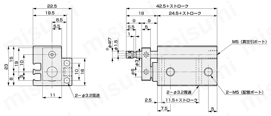 省スペース形小形真空吸着付シリンダMVCシリーズ MVC-10外形図