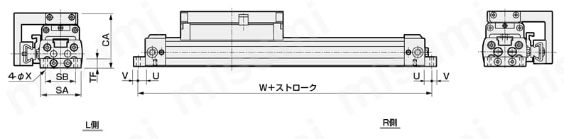 ロッドレス形高精度ガイド付スーパーロッドレスシリンダSRG3シリーズ フートブラケット付SRG3-LB-※※-※※※外形図