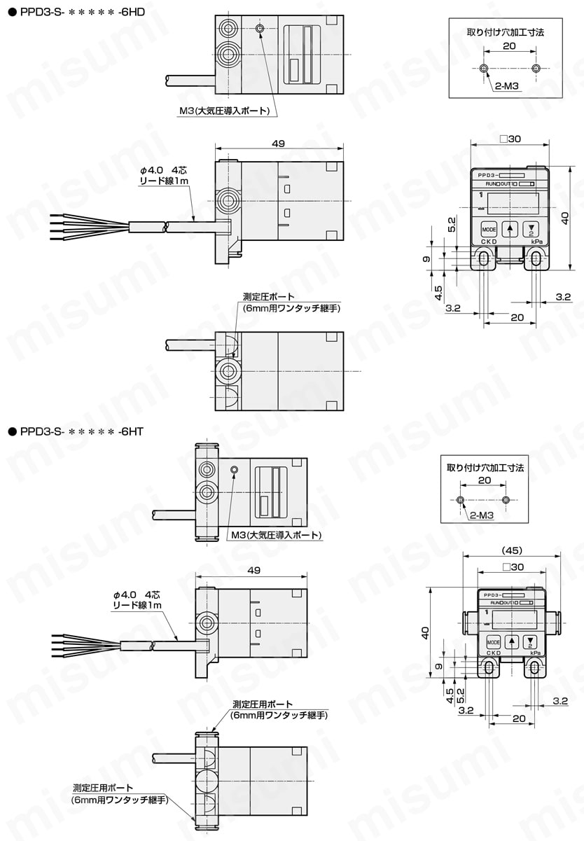 パレクトプレッシャスイッチ デジタル表示付電子式圧力スイッチ PPD3-Sシリーズ センサ一体形タイプ(ステンレスダイアフラムセンサ)外形図-2