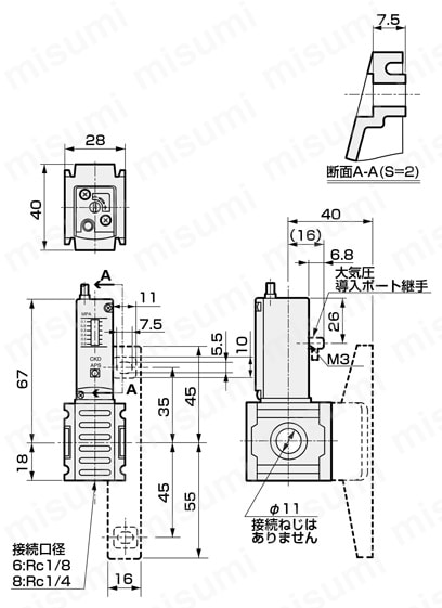 モジュラータイプセレックスFRL リードスイッチ式有接点 機械式小型圧力スイッチ P1100-Wシリーズ 外形図