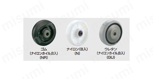 車輪材質のバリエーション ゴム:（ナイロンホイル、B入）（NR）、ナイロン:（B入）（N）、ウレタン:（ナイロンホイル、B入）（GU）