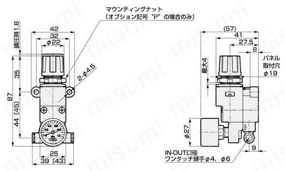 小形直動精密レギュレータRJB500シリーズ RJB500 エルボ配管外形図