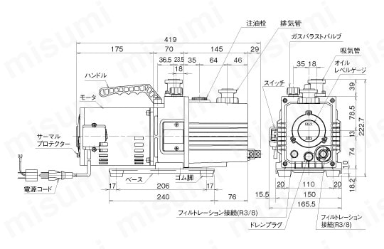 直結型小型油回転真空ポンプ GCD-051X 外形図01