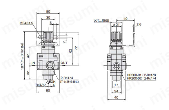 HR200の寸法図（内部パイロット）
