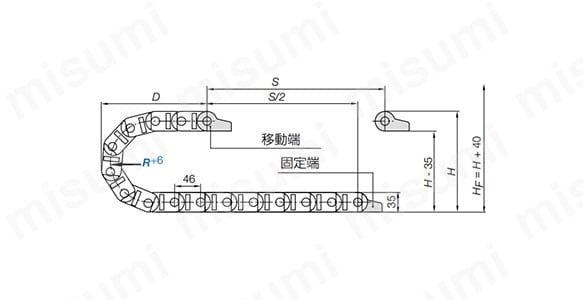 外形図 必要な空間高さ: HF = H + 40 mm（収納重量 2.5 kg/mでの目安）