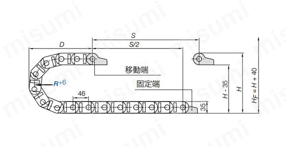 外形図 必要な空間高さ: HF = H + 40 mm（収納重量 2.5 kg/mでの目安）