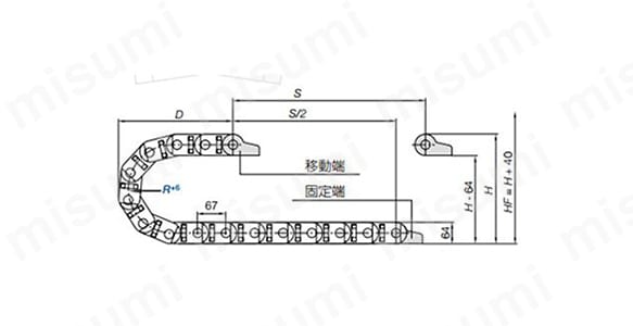 外形図 必要な空間高さ：HF=H+40 mm（収納重量 2.5 kg/mでの目安）