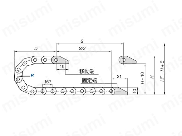 外形図 必要な空間高さ: HF = H + 5 mm（収納重量 0.1 kg/mでの目安）