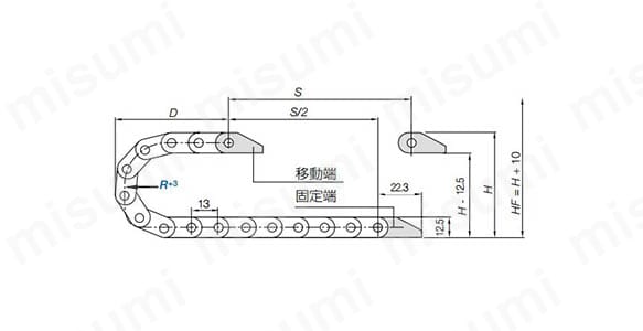外形図 必要な空間高さ: HF = H + 10 mm（収納重量 0.2 kg/mでの目安）