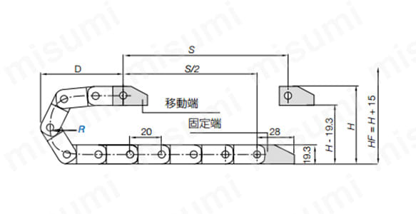 外形図 必要な空間高さ: HF = H + 15 mm（収納重量 0.3 kg/mでの目安）