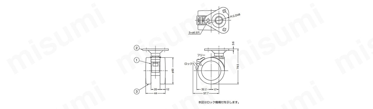 キャスター GX60P型 プレートタイプ ロック機構付 寸法図