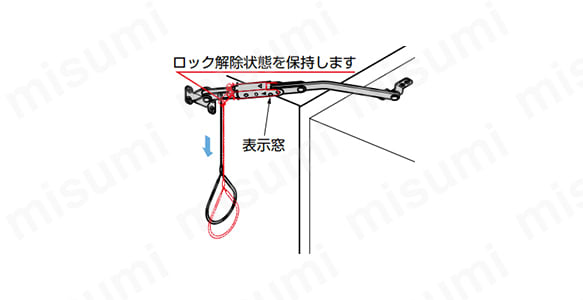 LAMP ステンレス鋼製ロック付重量扉用ステー YA-2020W型 ワイヤー付 PAT 製品仕様01