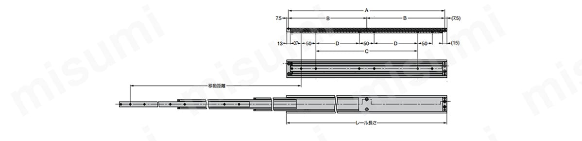 スライドレール CBL-RA654 ロングオーバータイプの寸法図