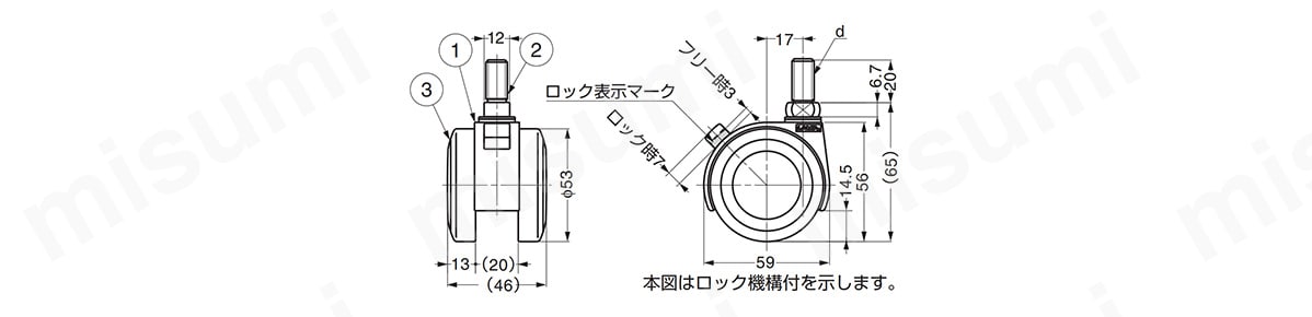 エラストマー車キャスター FAU55N型 ねじ込みタイプの寸法図の例