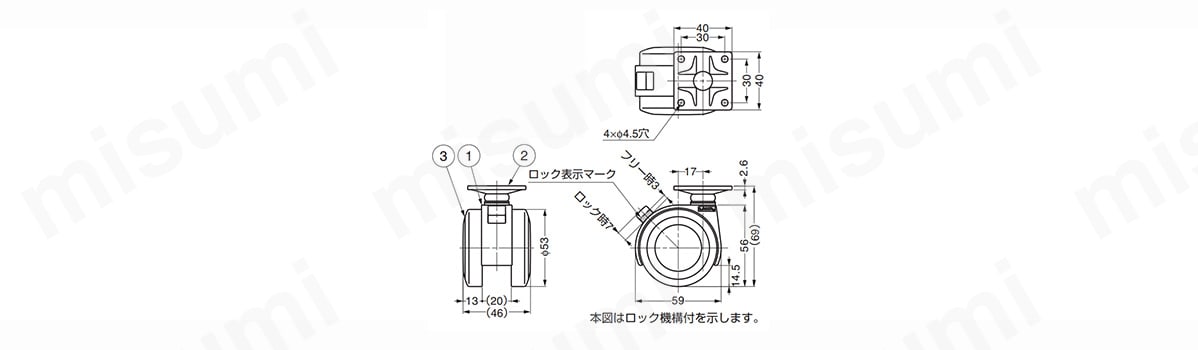 エラストマー車キャスター FAU55P型 プレートタイプの寸法図の例
