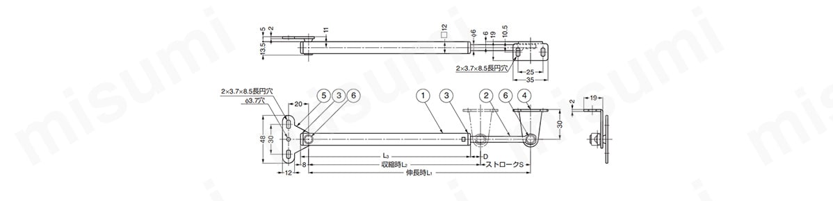 ステンレス鋼製スプリング式フラップステー（2本使い用） LK-222・LK-335・LK-380 外形図