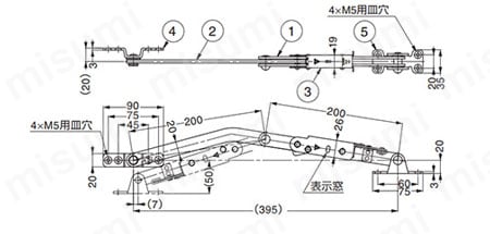 ステンレス鋼製ロック付重量扉用ステー YA-2020型 ワイヤーなし 外形図
