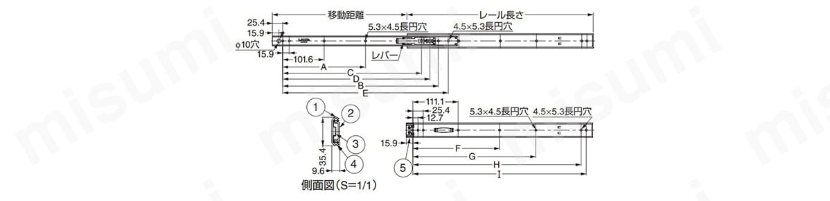 ステンレス鋼製スライドレール ESR8の寸法図