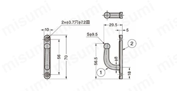 ステンレス鋼製房掛 KB-F-70 外形図