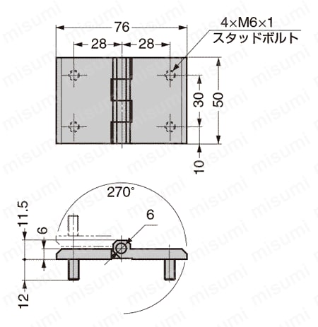 270°開き面付丁番　（スタッドボルト付）インセット扉用_218-9106 外形図