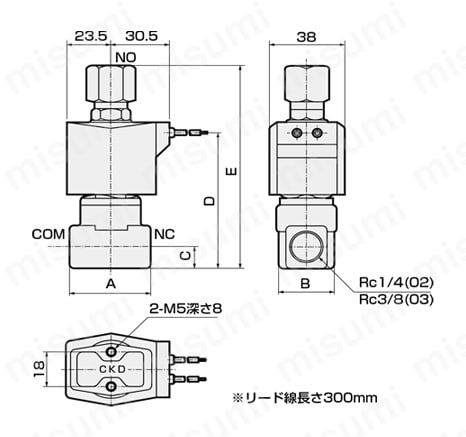AG43の寸法図（※リード線長さ300mm） JIS記号の流れで示されるように、NCポート加圧専用形。 他の接続口（ポート）からの加圧はできない。 非通電時 : COM→NO 通電時 : NC→COM 注1 接続口径がＧおよびNPTねじの場合も外形寸法は同じ。