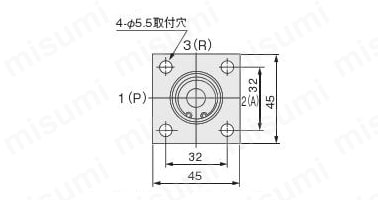 125HOの寸法図※常時開の場合、排出口3（R）は反対側になる。 備考：ボタンを押して約45度回すとバルブは切り換わったままロックされる。反対方向に回すとロックがはずれスプリングで復帰する。