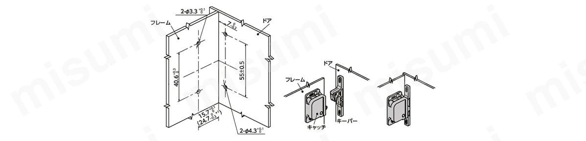 （1）取りつけは、ねじ（キャッチ：M3、キーパー：M4）またはリベット（キャッチ：φ3 、キーパー：φ4）で行ってください。ねじを使用する場合は、ねじ締めつけトルクを、キャッチ側は1.1N・m 以下、キーパー側は2.8N・m以下としてください。 （2）キャッチを取りつけるフレームの表面から、ドアヒンジの中心線までの距離は、150mm 以上としてください。 （3）図は、ドアに向かって右側に取りつけた場合のものです。ドアの左側に取りつける場合は、キャッチとキーパーは上下を逆にしてください。