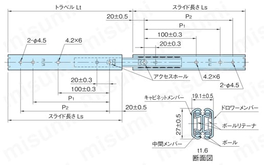 スライドレール（オーバートラベルタイプ） （RS27D） 外形図
