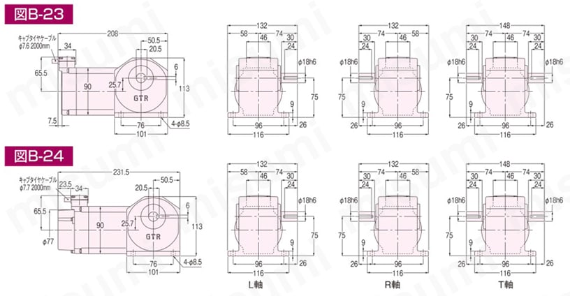 GTR ギアモータ 直交軸・防水ブレーキモータ付（IP65） 軸径18 脚取付 三相:40W/60W/90W 単相:40W外形図