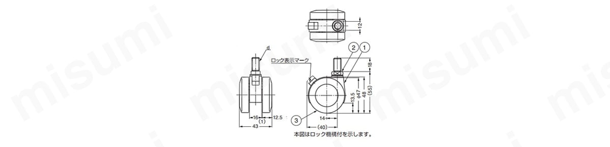 キャスター FP45N型ねじ込みタイプの寸法図