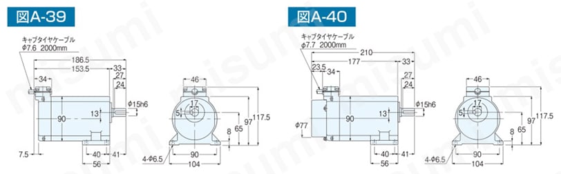 GTR ギアモータ 平行軸・防水ブレーキモータ付（IP65） 軸径15 脚取付 三相:25W/40W/60W 単相:25W/40W外形図
