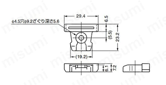 LAMP垂直収納扉金物かぶせ仕様ALT-2V-5部品（単品）の外形図 キャッチ
