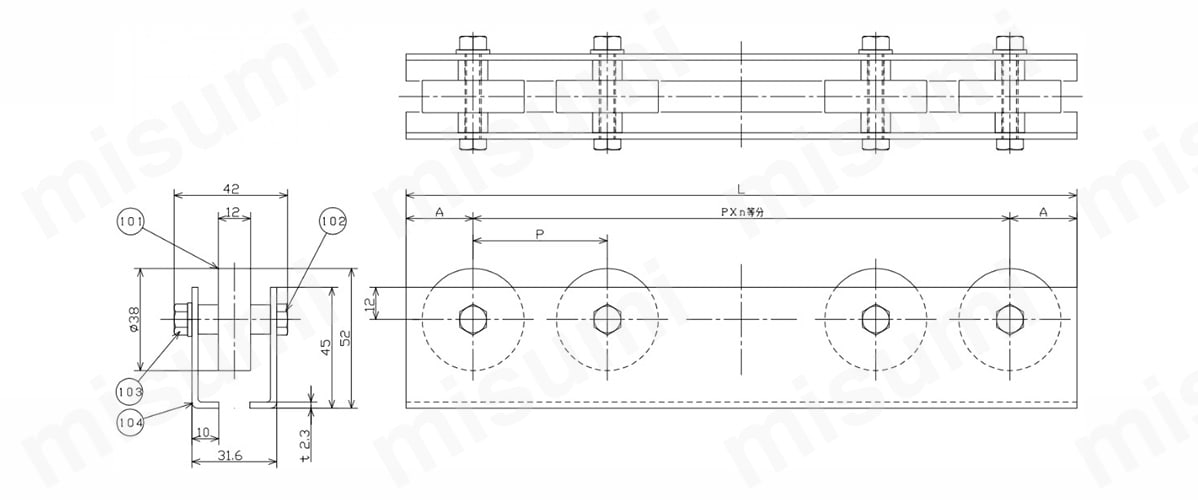 W-38GS-[1501-3000/1]L-[50,75,100,150]P／W-38GS-[150-1500/1]L-[50,75,100,150]P 寸法図（2）