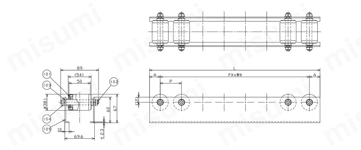 ローラ対応ホイールコンベヤ （W-3850D） 幅50×φ38.1（外径38.1mm）×全高67mm 寸法図（2）