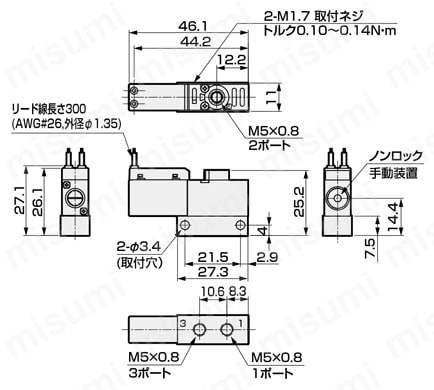 直動式3ポート弁3QRA1・3QRB1シリーズ 3QRA110-M5の2位置シングル:グロメットリード線外形図