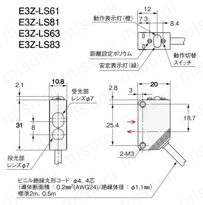 E3Z-LS61 2M | 距離設定形小型アンプ内蔵形光電センサ E3Z-LS
