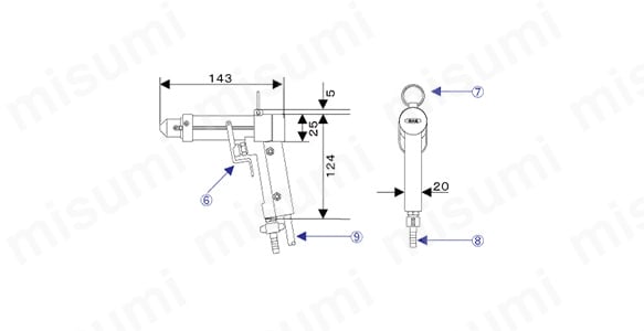 GI-04B（1.電源スイッチ／2.電源ケーブル（ケーブル長2,500mm）／3.電源ランプ／4.高電圧出力端子／5.アースターミナル／6.引き金／7.吊リング／8.エア投入口（異径タケノココネクタ）／9.高電圧ケーブル）